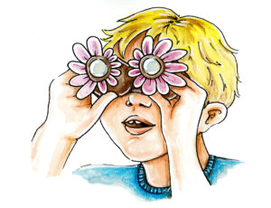 Illustrasjon av en gutt ser gjennom en "blomsterkikkert"